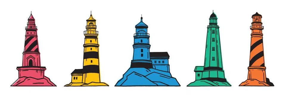 Lighthouse icon set, vector sea navigation tower collection, ocean seashore Stock Illustration