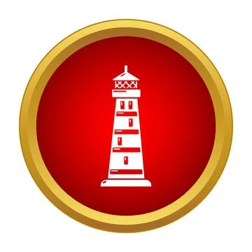 Lighthouse icon standing on red circle button with gold border Ilustración de archivo