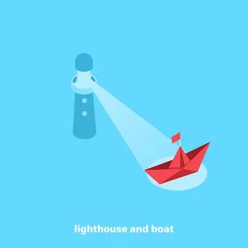 Lighthouse illuminating the way the boat, isometric image Ilustración de archivo