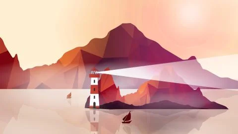 Lighthouse on Island with Navigation Light - Vector Illustration Illustrazione stock