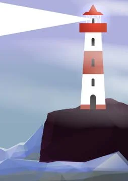 Lighthouse on Island with Navigation Light - Vector Illustration Stock Illustration
