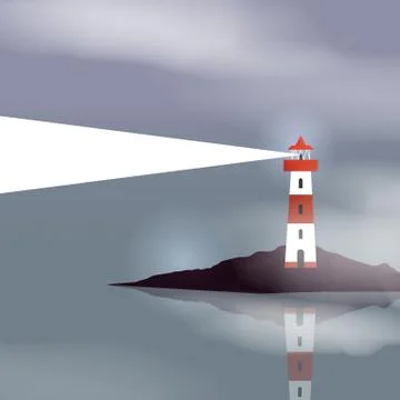 Lighthouse on Island with Navigation Light - Vector Illustration Stock Illustration