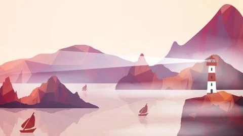 Lighthouse on Island with Navigation Light - Vector Illustration Stock Illustration