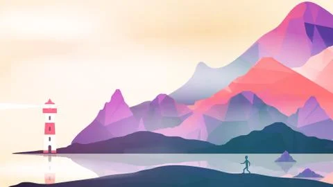 Lighthouse on Island with Navigation Light - Vector Illustration Stock Illustration