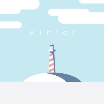 Lighthouse on the island vector illustration. Winter cold colors Illustrazione stock