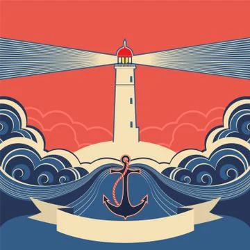 Lighthouse label with anchor and blue sea waves Stock Illustration