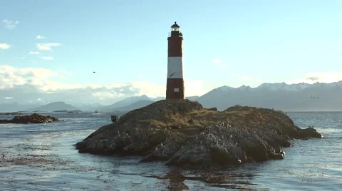 Lighthouse Les Eclaireurs over island in the Beagle Channel Stock Footage 64182143