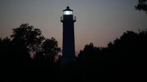 Lighthouse Light Beam in Misty Sky at Sunset - Possidi Cape Beach Kassandra Gree Vídeos de archivo 330497035