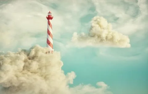 Lighthouse lit up on clouds. Dream concept. Illustrazione stock