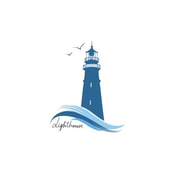 Lighthouse logo. Hand drawn sketch symbol of lighthouse with ocean waves. Stock Illustration
