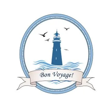 Lighthouse logo. Nautical icon with lighthouse, ocean waves, gull birds. Trav Illustrazione stock