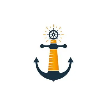 Lighthouse logo. Vector lighthouse, anchor and ship wheel. Illustrazione stock