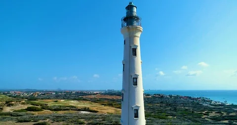 Lighthouse low to high fly up shot to island view, Stock-Footage 104577752