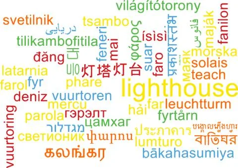 Lighthouse multilanguage wordcloud background concept Stock-Illustration