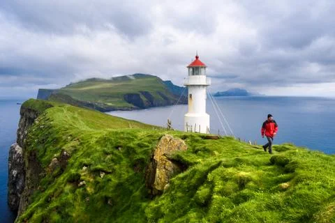 Lighthouse on Mykinesholm (Mykinesholmur), Mykines Island, Faroe Islands Stock Photos