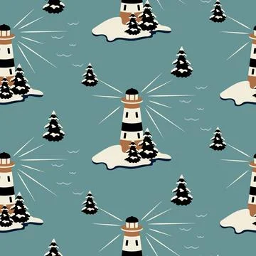 Lighthouse nautical seamless pattern. Seaside landscape illustration background. Stock Illustration