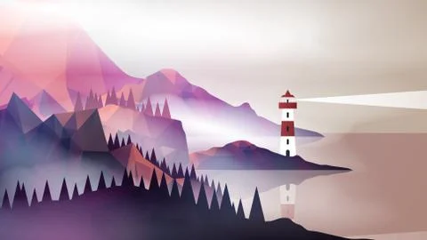 Lighthouse with Navigation Light and Mountain Fog on a Coast - Vector Illus.. Stock Illustration