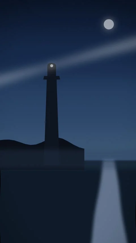 Lighthouse at night with beams of light under moonlight. 2d animation Video stock 344092544