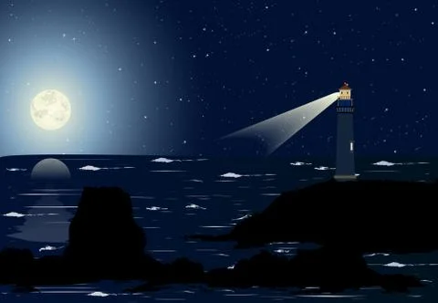 Lighthouse At Night With Full Moon Ilustração Stock