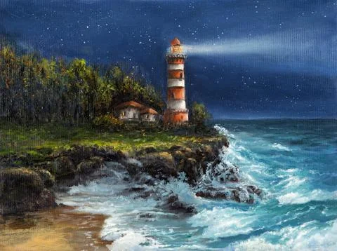 Lighthouse at night Stock Illustration