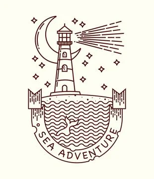 Lighthouse at night line illustration vector hand drawn Stock Illustration