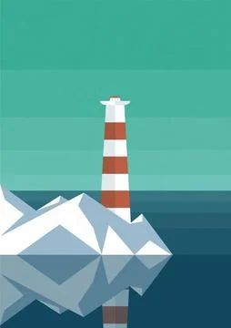 Lighthouse in the night ocean illustration poster. Stock Illustration