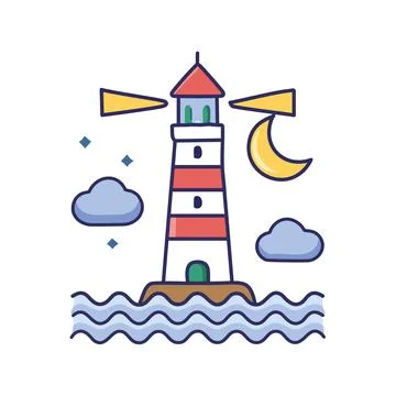 Lighthouse night scene. Lighthouse standing tall by the sea under a crescen.. Stock Illustration