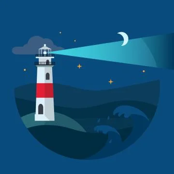 Lighthouse in night sea. Flat Vector Stock Illustration