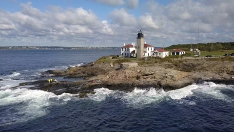 Lighthouse Ocean Coast Beach in Rhode Island - Aerial 4K Stock Footage 116194316