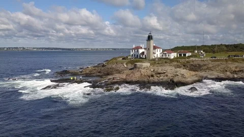 Lighthouse Ocean Coast Beach in Rhode Island - Aerial 4K Stock Footage 116194782