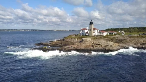 Lighthouse Ocean Coast Beach in Rhode Island - Aerial 4K Stock Footage 116194852
