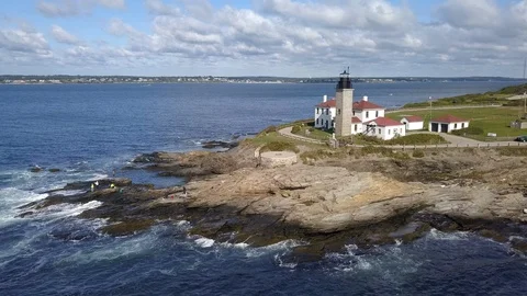 Lighthouse Ocean Coast Beach in Rhode Island - Aerial 4K Stock Footage 116194856
