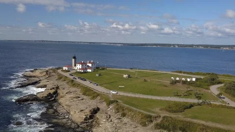 Lighthouse Ocean Coast Beach in Rhode Island - Aerial 4K Stock Footage 116195331