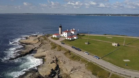 Lighthouse Ocean Coast Beach in Rhode Island - Aerial 4K Stock Footage 116195365