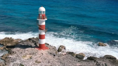 Lighthouse with Ocean Waves, Cancun Beach, HD Drone Footage Stock Footage 94885694