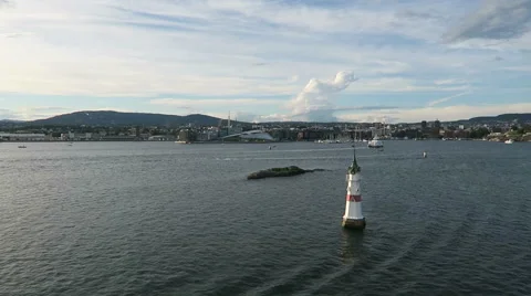 Lighthouse passing by while leaving the harbor of Oslo Video stock 66363747