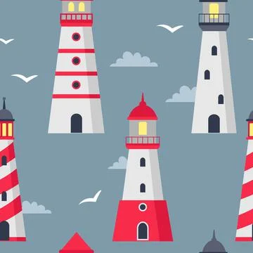 Lighthouse pattern, travel light building. Blue sea security or safety equipm Ilustración de archivo