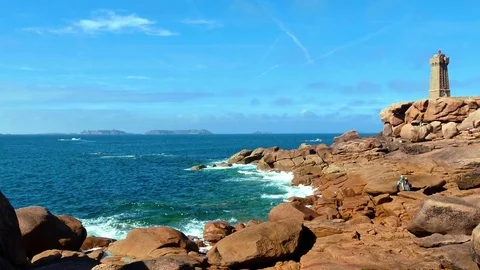 Lighthouse Phare de Ploumanach at the pink granite coast Stock Footage 77640537