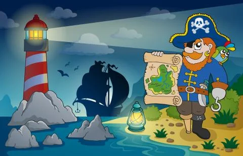 Lighthouse with pirate theme - illustration. Stock Illustration