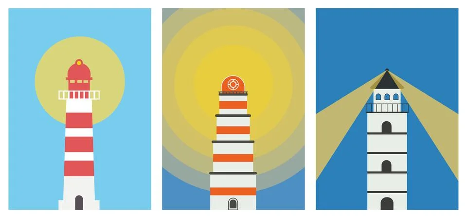 Lighthouse poster set. Flat vector illustration. Stock Illustration