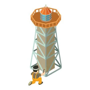 Lighthouse repair icon isometric vector. Welder carries welding work near beacon Illustrazione stock