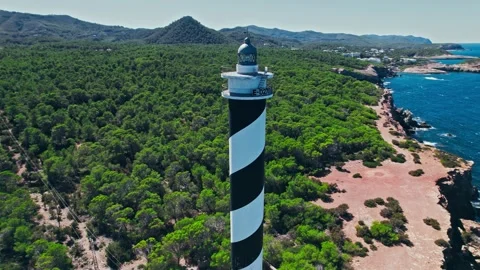 Lighthouse by rocky coastline surrounded by the blue mediterranean sea in Spain. Stock Footage 203830512