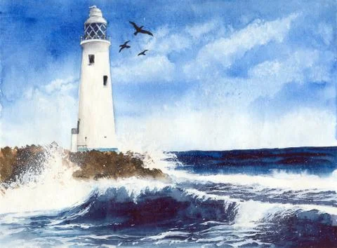 Lighthouse on the rocky island Illustrazione stock