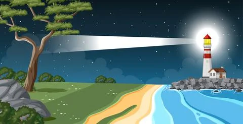 Lighthouse sea coast at night background Stock Illustration