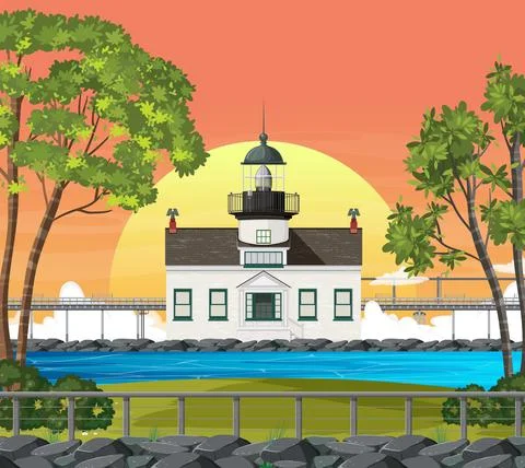 Lighthouse sea coast at sunset background Stock Illustration