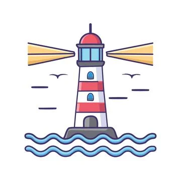 Lighthouse sea guide. Red and white lighthouse beaming light across the blu.. Illustrazione stock