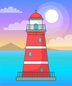 Lighthouse in sea or ocean, navigation building for ships, cartoon red Stock Illustration