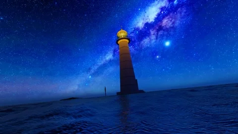 Lighthouse on the sea under the starry sky at night Stock Footage 288268590