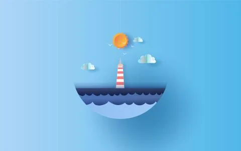Lighthouse of sea view with a floating sailing boat in the clear sun lighting 스톡 일러스트