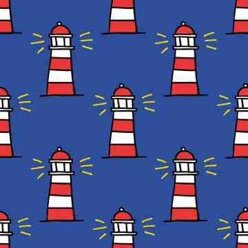 Lighthouse seamless doodle pattern, vector color illustration 스톡 일러스트